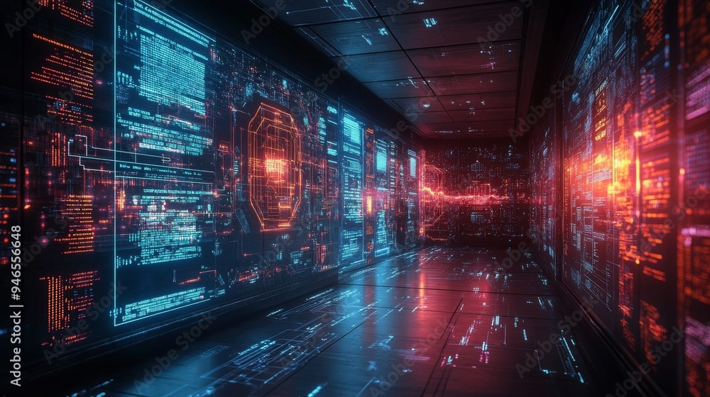 Poster a futuristic corridor displays holographic representations with vibrant data streams illuminating th