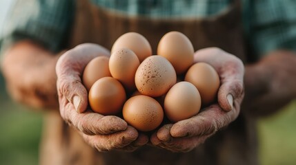 A pair of weathered hands carefully holding a collection of fresh, brown eggs in an outdoor farm setting, symbolizing nurturing and the simplicity of farm life.