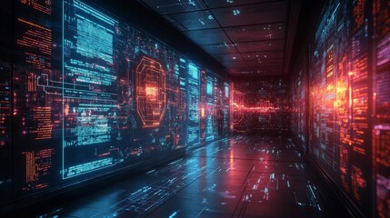 A futuristic corridor displays holographic representations with vibrant data streams illuminating the walls at night, creating a high-tech atmosphere.