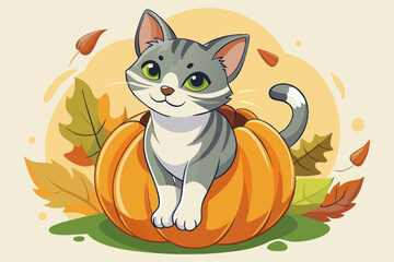 Cat sitting on a pumpkin, watercolor clipart illustration with isolated background.
