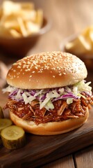Carolina pulled pork sandwich on a brioche bun, topped with slaw, served on a wooden board with a side of pickles and potato chips