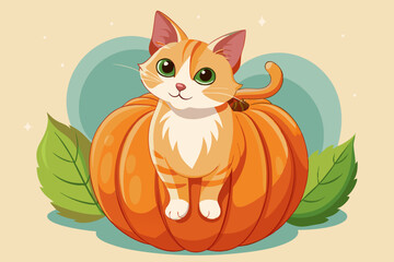Cat sitting on a pumpkin, watercolor clipart illustration with isolated background.
