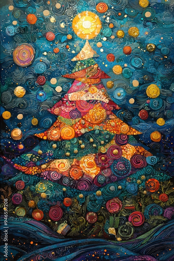 Poster the artwork features a large, stylized christmas tree adorned with vibrant colors and intricate patt