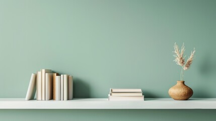 minimalist green wall with shelf and books, soft color palette and high-resolution hyper-realistic texture perfect for advertising and design