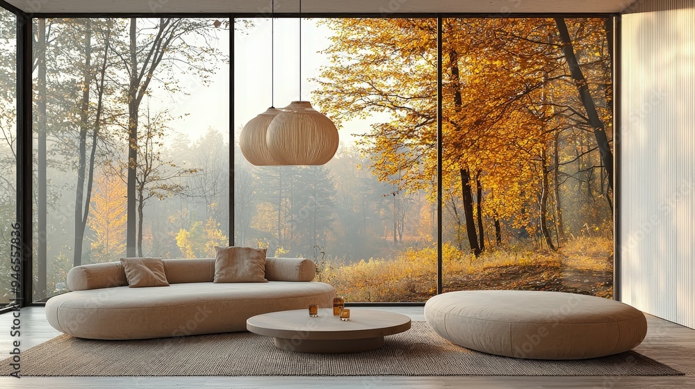 Poster a stylish and cozy living room features a minimalist design with a round sofa and coffee table. larg