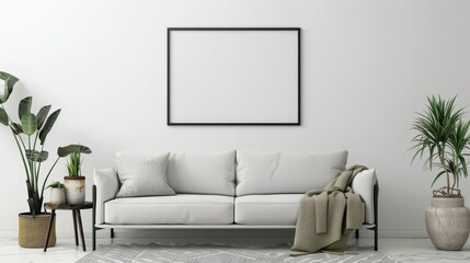 A minimalist living room featuring a white sofa, plants, and a blank wall for decoration.