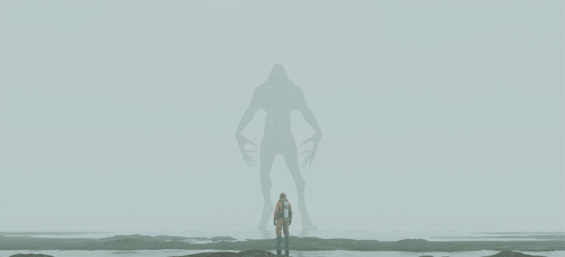 Giant humanoid merman sea monster mythical demon hazmat suit lake beach 3d illustration render digital rendering