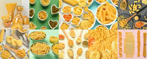 Collage with many different types of pasta