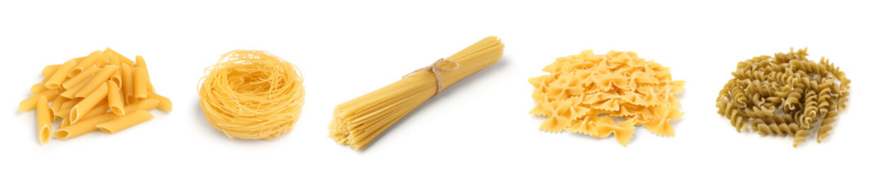 Set of different types of pasta on white background
