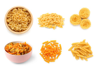 Set of different types of pasta on white background