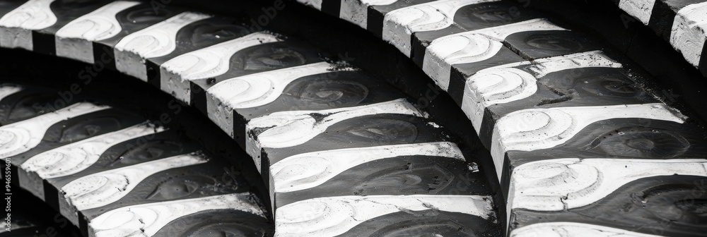 Leinwandbilder Curved wooden steps feature alternating black and white patterns, creating a striking visual effect in a contemporary architectural setting illuminated by natural light