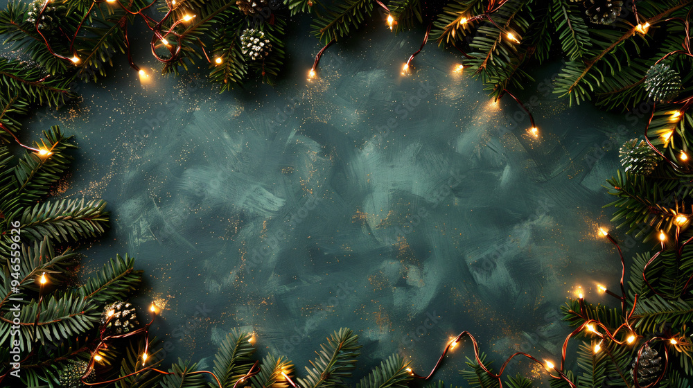 Aufkleber Christmas lights and pine branches with cones making a frame on a green background with copy space