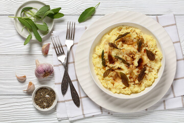 Brown Butter Potato Mash with fried sage leaves