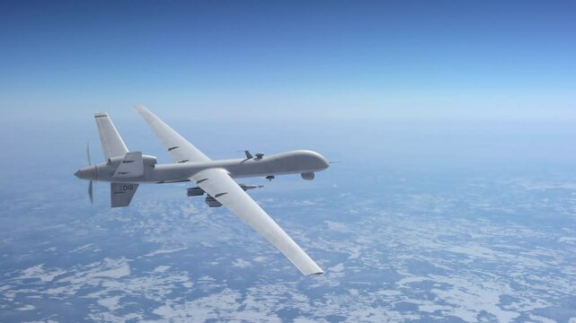 Military drones fly in the sky. Close up on unmanned fighter drones flying above the clouds.