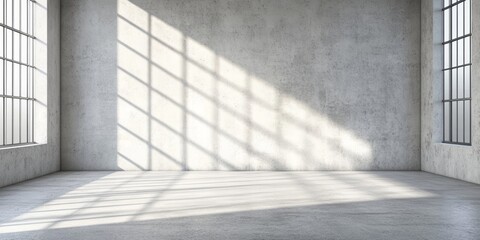 Fototapeta premium Sunlight filters through large windows, creating sharp shadows on the concrete floor of a minimalist industrial space