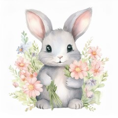 cute little rabbit with flowers, watercolor style illustration, Easter clipart with cartoon character good for card and print design