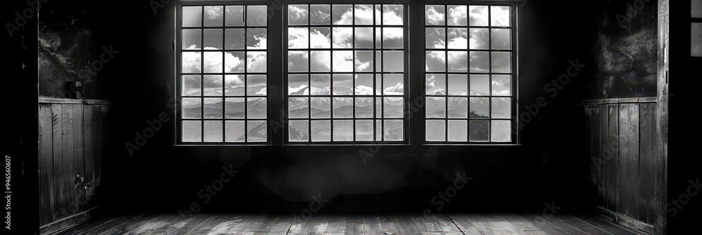 Poster in a dimly lit room, large windows reveal a cloudy sky and distant mountains. the wooden floor and w