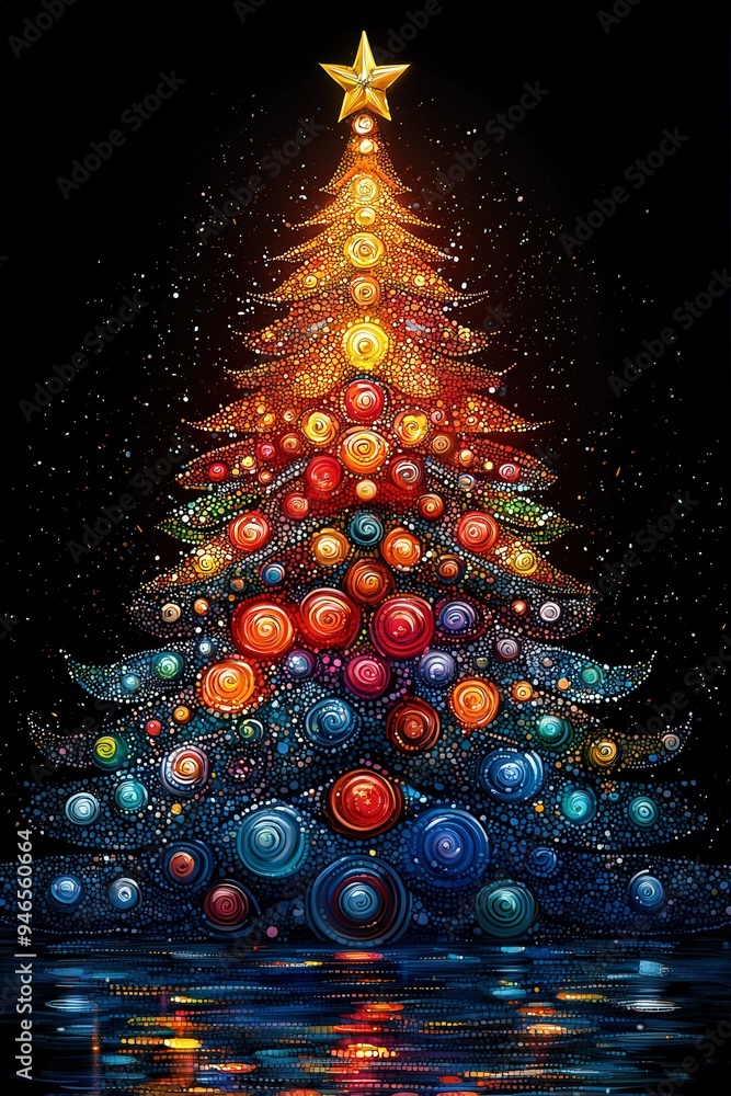 Poster A beautifully designed Christmas tree sparkles with an array of colorful ornaments, radiating warmth and joy against a dark backdrop, celebrating the magic of the holiday season