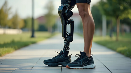 Man amputee with prosthetic robotic bionic leg. Modern technology, prosthesis medicine. Summer Paralympic Games. International Day of Persons with Disabilities