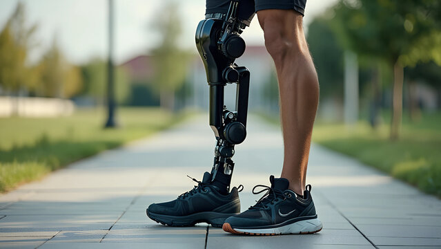 Man amputee with prosthetic robotic bionic leg. Modern technology, prosthesis medicine. Summer Paralympic Games. International Day of Persons with Disabilities