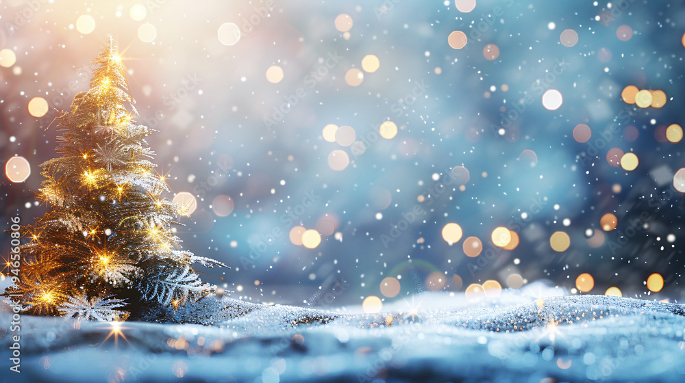 Poster snowy christmas tree is glowing with golden lights on a snowy background with falling snow and bokeh