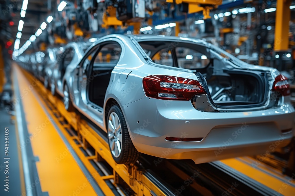 Poster a bustling automotive assembly line displays several partially assembled cars moving along conveyor 