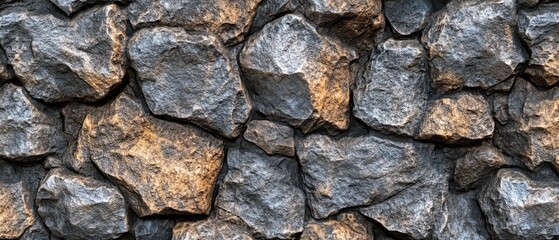 Fototapeta premium Surowa kamienna ściana ze szczegółowymi pęknięciami i nierównymi powierzchniami, wywołująca surowy, naturalny klimat z fakturową głębią i realistycznym wpływem warunków atmosferycznych