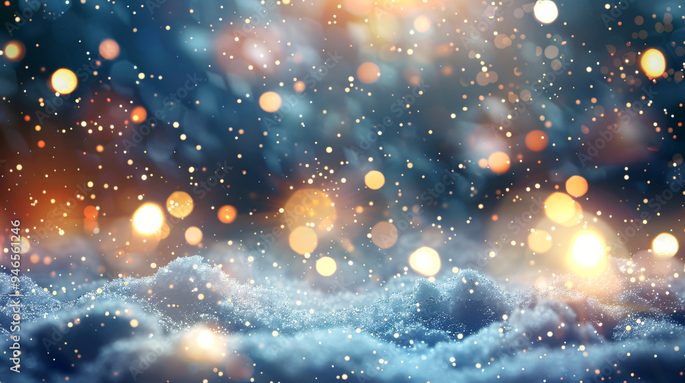 Poster snow falling on snowy ground with a sparkling christmas lights background creating a magical winter 