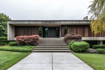 Obraz premium Mid-century modern house with lush landscaping