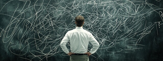 "Person Contemplating Complex Problem on Chalkboard"

