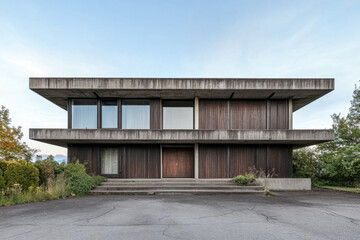 Brutalist concrete house with large glass windows