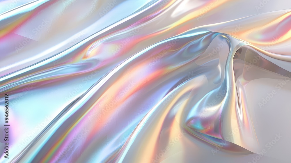 Poster Shimmering fabric with a vibrant iridescent effect lies smoothly, capturing light and displaying a spectrum of colors in a well-lit creative workspace