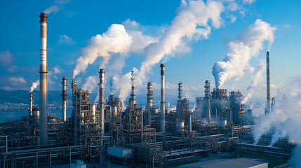 Obraz premium factories exterior, with billowing smoke from thermal power plant stacks, Industrial smoke stack of coal power plant emphasizing the industrial zone.