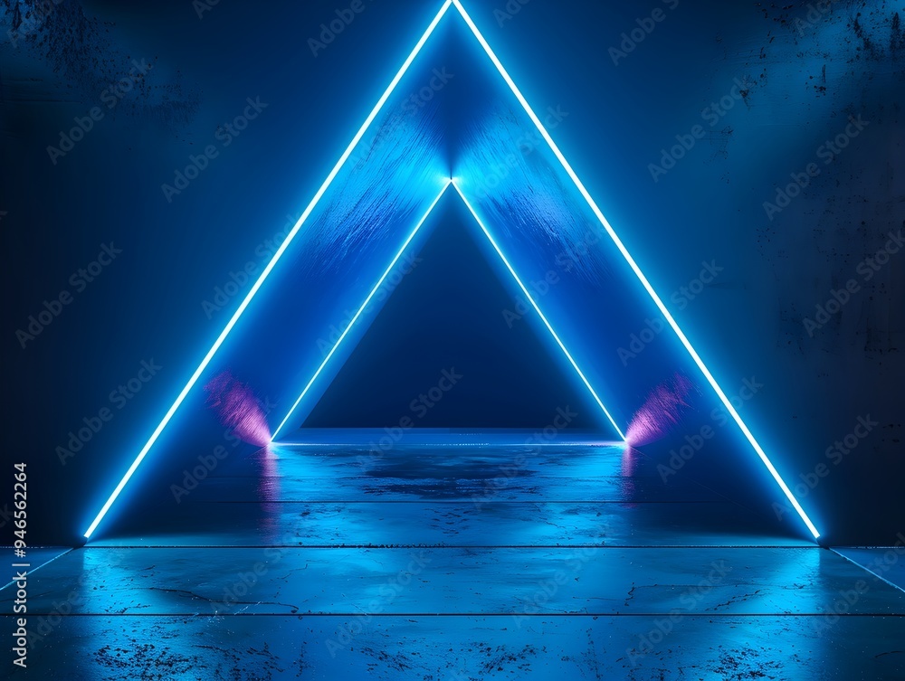 Aufkleber sleek and futuristic neon blue triangular shapes on dark background for product display