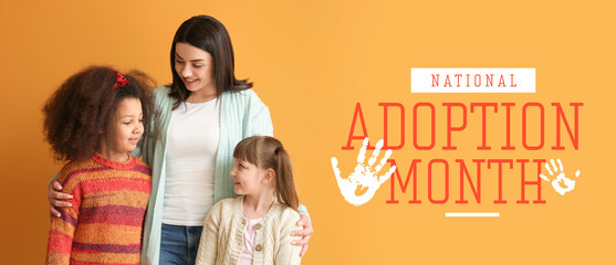 Happy woman with little adopted children on color background