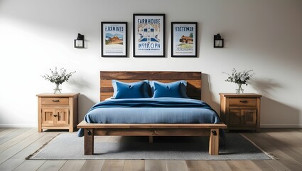 Rustic wooden bed with blue pillows and two bedside cabinets against white wall with three posters frames.