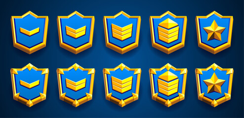 Game rank gold level rank set. Military patent, spikes, stars, three dimensional, flat style. Gold achievements collection. Perfect for games. Fantasy, adventure. Blue, orange, yellow colors. Easy edi