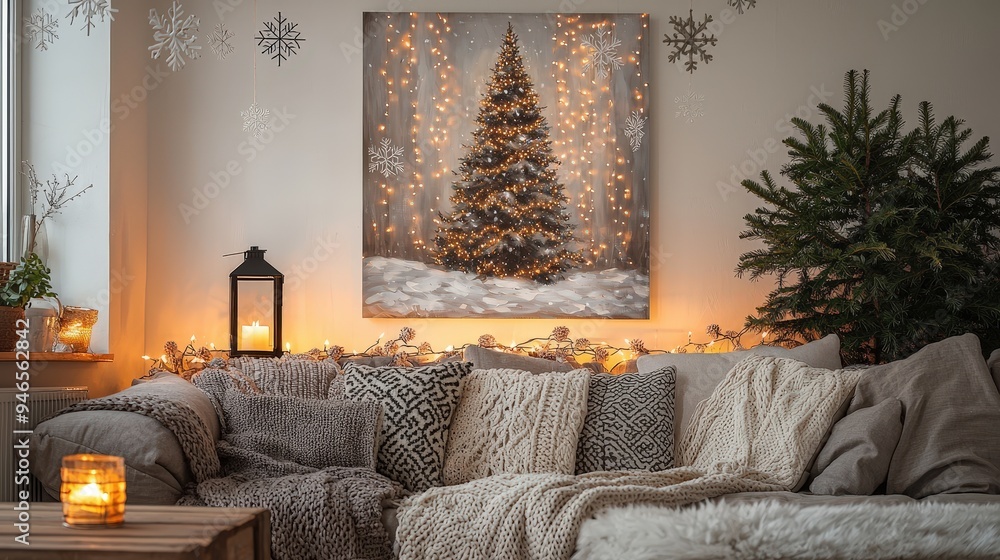 Canvas Prints The living room features a beautifully adorned Christmas tree surrounded by soft textures, warm lighting, and seasonal decorations, creating a cozy holiday atmosphere