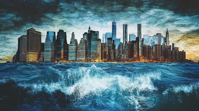 Artistic collage showing rising sea levels engulfing urban areas to portray the connection between climate change and environmental degradation