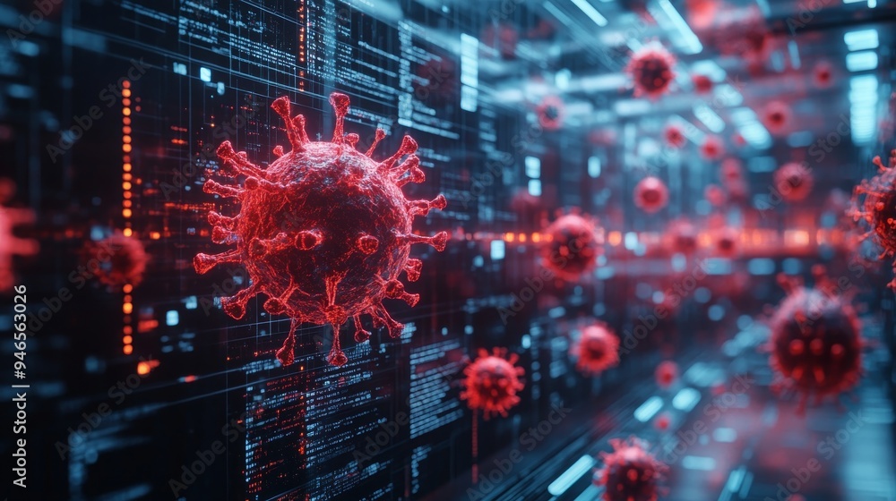 Aufkleber intricate holographic representations of historical viruses are displayed in a high-tech environment