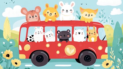 Join the adorable animal crew as they embark on their school adventure in a vibrant red bus. This playful vector cartoon features whimsical characters and a cheerful atmosphere
