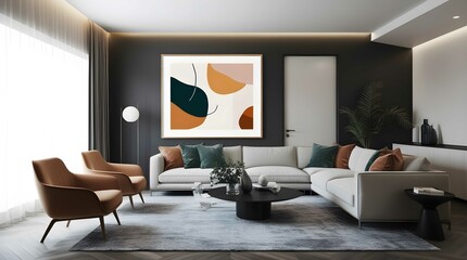 Chic Modern Living Room with Stylish Sofas, Chairs, and a Stunning Wall Painting