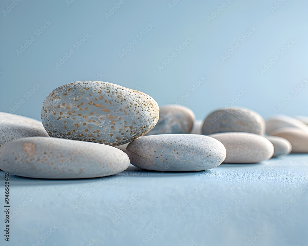 Poster smooth pebble like shapes on soft blue backdrop for natural product display