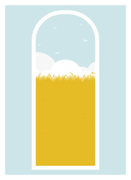 recommend clip art: Country rural landscape view with wheat field. Skyline with clouds cartoon style illustration.