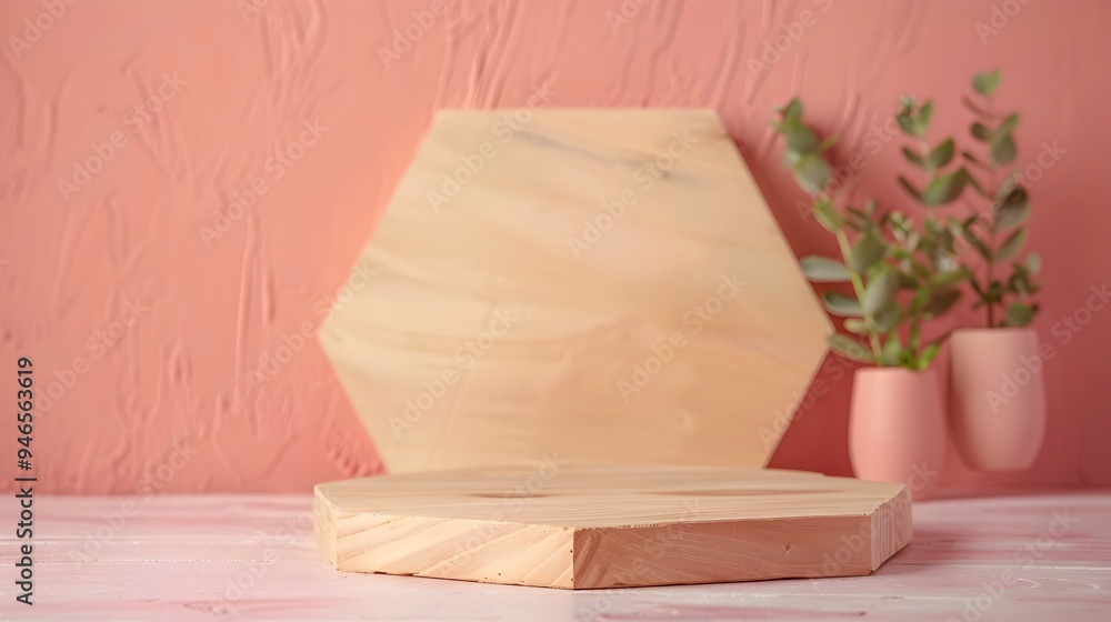 Poster warm and natural hexagonal wood display setting on soft peach backdrop for product presentation