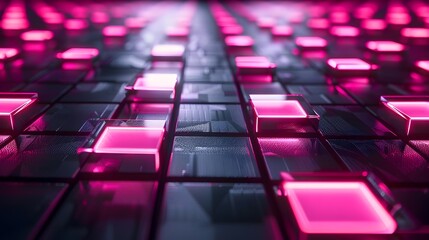 Obraz premium Vibrant Futuristic Neon Pink Grid with Glowing Geometric Shapes on Black Backdrop for Product Concept Presentation