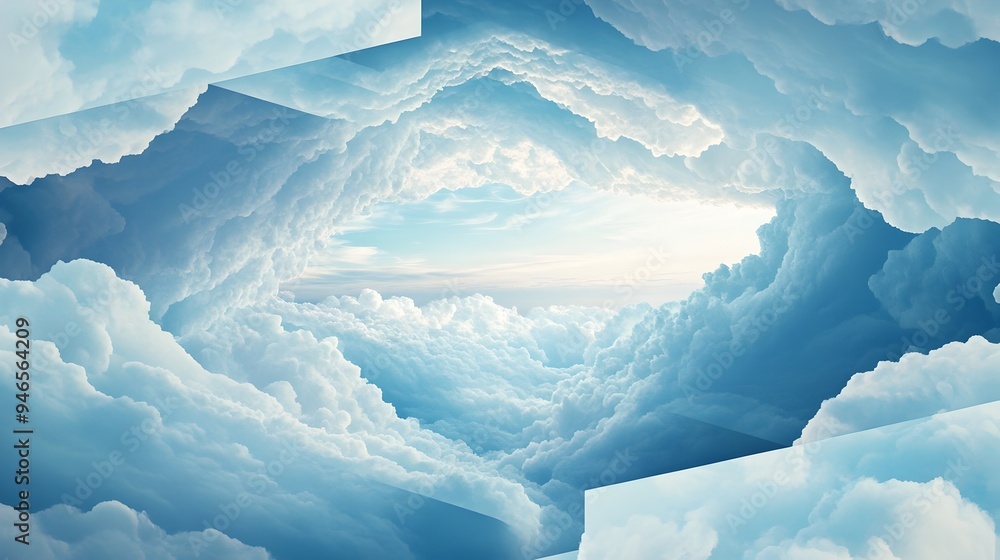 Poster a conceptual image showcasing a serene and tranquil sky filled with layered clouds creating a three 