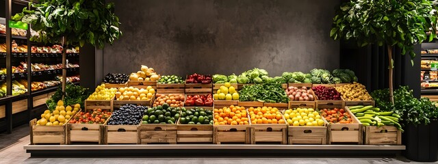 Fruit and vegetable display in organic grocery store with wooden boxes of fresh produce, fruit trees, greenery, interior design of modern grocery shop, architecture photography, warm lighting