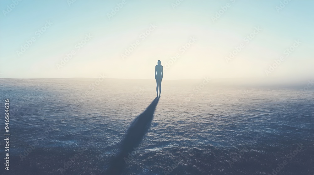 Poster a conceptual image depicting the silhouette of an unseen figure with its shadow growing longer as th
