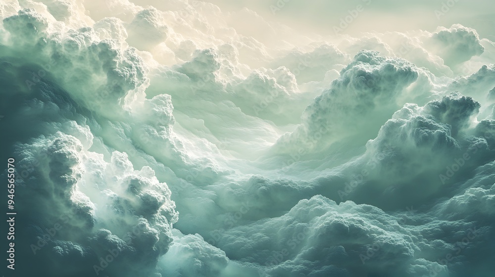 Poster conceptual image of fluffy wispy clouds rolling and drifting across an abstract minimalist sky lands